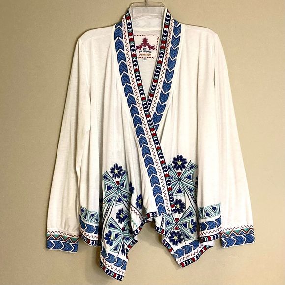 Johnny Was Floral Embroidered Open Draped Waterfall Knit Cardigan White Size M - Picture 1 of 11